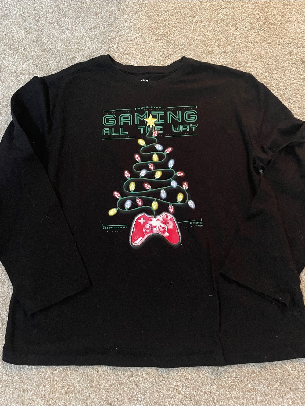 Holiday Time Black Long-Sleeve Gamer Tree Shirt with Red Controller
